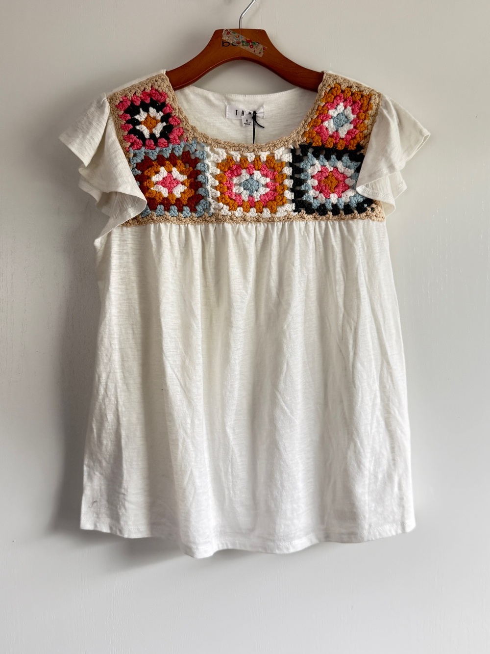 THML White Tee Shirt Top with Multi-Color Crochet Yoke